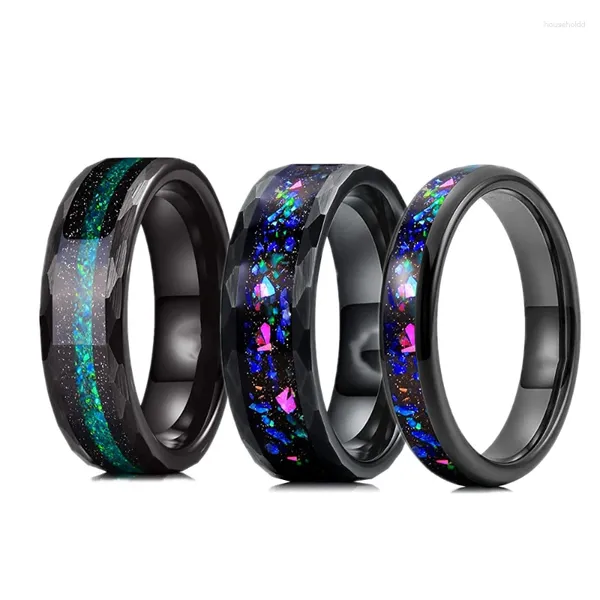 Küme Yüzükleri 4mm 8mm Tungsten Karbür Halkası Galaxy Çok Faseted Kenar Mavi Opal Kakya Erkekleri Kadın Düğün Bantları