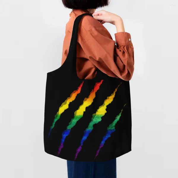 Sacos de compras LGBT rasgado e desfiado mantimentos lona shopper bolsa de ombro capacidade portátil gay lésbica orgulho bolsa