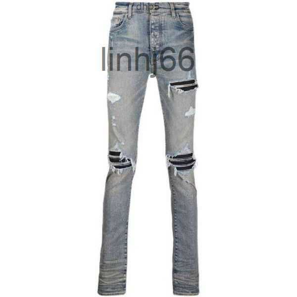 Jeans masculinos designer europeu e americano amirs marca de moda high street mx1 luz azul angustiado patchwork mens slim fit elegante 2pqxh19d4