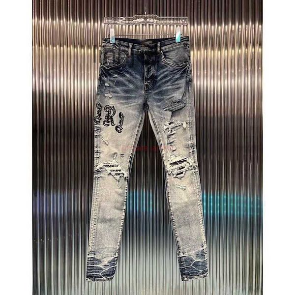 Jeans masculinos roupas de grife amires calças jeans amies nova marca de moda azul profundo high street caju flor remendo buraco embrorng2