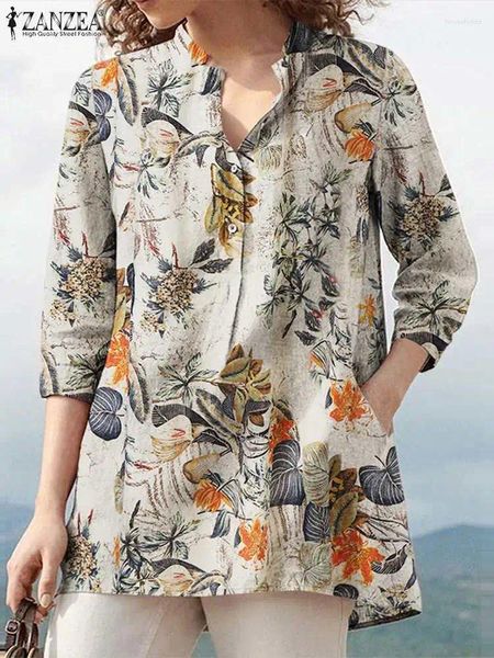 Camicette da donna ZANZEA Camicette stampate floreali estive bohemien Camicetta vintage da donna Blusas in cotone Camicia da lavoro OL con maniche a 3/4 e scollo a V casual