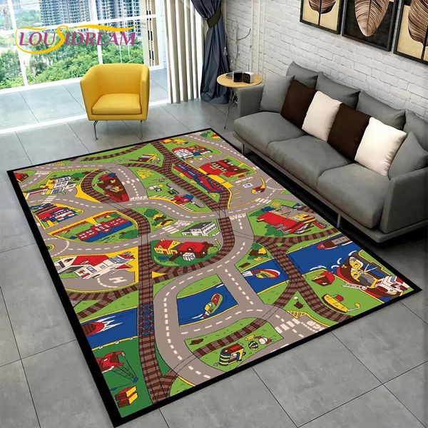Çocuk Playmat Highway City Trafik Oyun Odası Alanı Haluru oturma odası yatak odası dekoridler için LargeCarpet Halı Slip olmayan zemin mat 240131