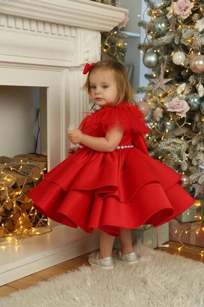 Vestidos da menina vestido de flor inchado cetim vermelho com pena de arco para casamentos crianças festa de aniversário pageant primeira comunhão vestidos de baile