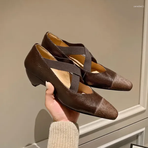 Sapatos de vestido vintage marrom couro mulheres bombas de crina misturada festa elástica cruz cinta primavera único alpercatas preto zapatos femmes