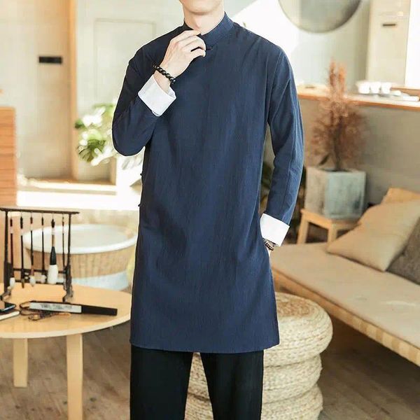 Этническая одежда в китайском стиле, черный, синий костюм Тан, длинная куртка, мужская уличная одежда, весенний халат в стиле ретро, интернет-магазин Вин Чун, большие размеры 3xl