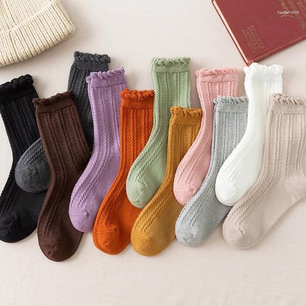 Frauen Socken Rüschen Rüschen japanischen Stil Kawaii süße Baumwolle Frau Harajuku Retro Casual einfarbig weiß schwarz Beige Crew