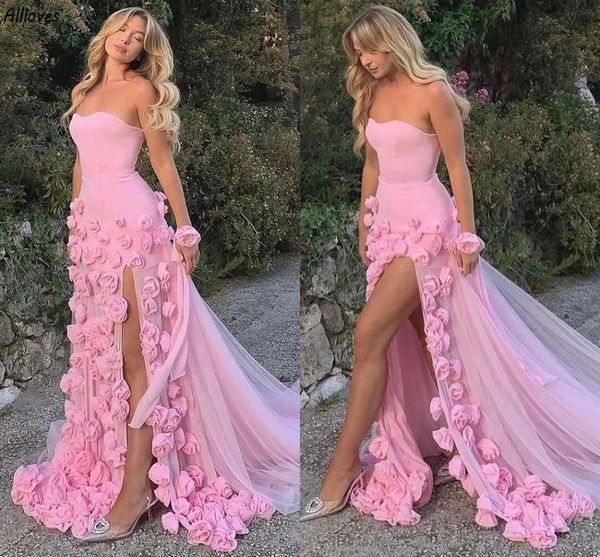 Blush rosa bonito flores 3d vestidos de noite para mulheres sem alças sexy alta divisão vestidos segunda recepção vestidos de festa sereia tule saia formal vestido de baile cl3270