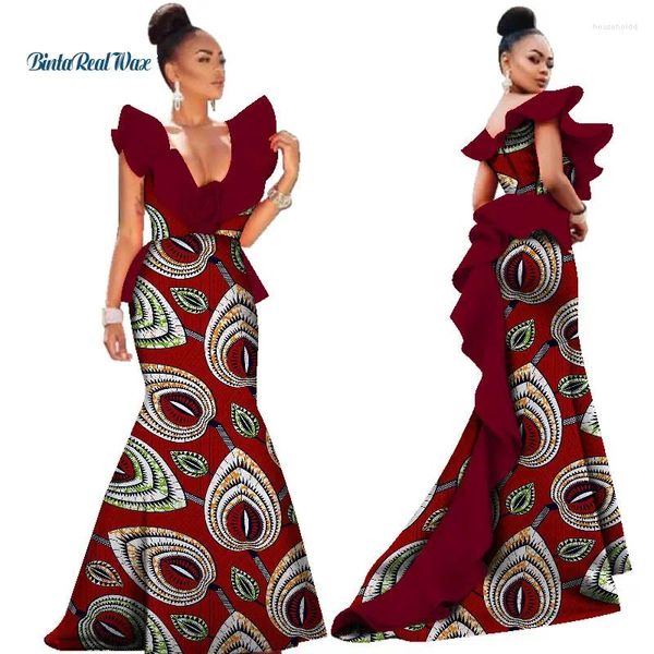 Ethnische Kleidung Afrikanische Print Kleider für Frauen Bazin Riche Rüschen Größe Blume Vestidos Meerjungfrau Lange Traditionelle Afrika WY3033