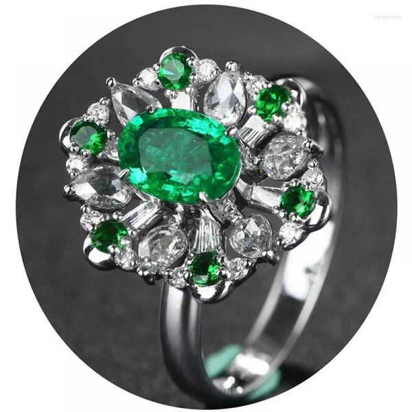 Anéis de Cluster Hoyon Luxo Jade Anel Feminino Tsavorite Verde Floco de Neve Diamante Gemstone Ajustável S925 Prata Cor Jóias Presente