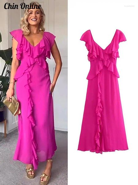 Casual Kleider Mode Cascading Rüschen Maxi Kleid Frauen Chiffon Schmetterling Hülse Weibliche Lange Elegante V-ausschnitt A-linie Abend Robe