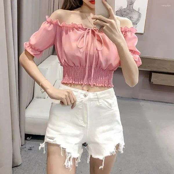 Blusas femininas chiffon branco blusa camisa topos arco manga curta verão feminino slash neck casual senhoras camisas elegantes ins