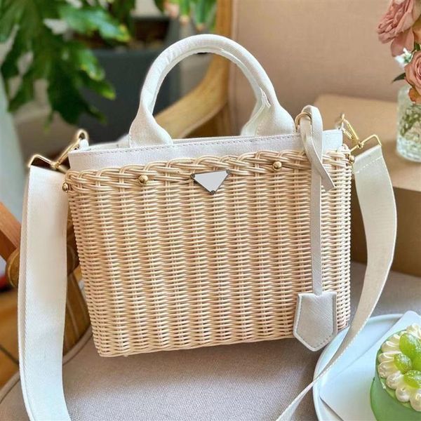 Kova Straw Bag Tote Sebze Sepeti Yaz Tatil Plaj Saman Çantaları Omuz Çanta Çantası Kadın Beyaz Dokunma Alışveriş Seyahat T2742