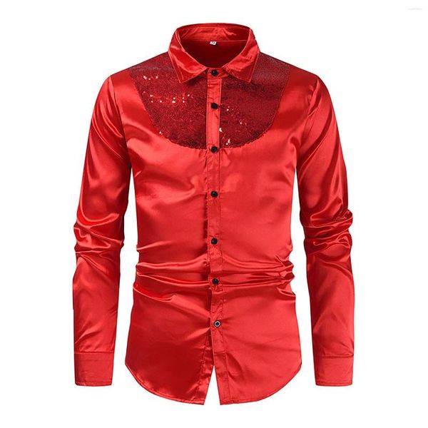 Camisas casuais masculinas manga longa moda lantejoulas costura brilhante topo magro lapela botão blusas primavera boate festa túnica