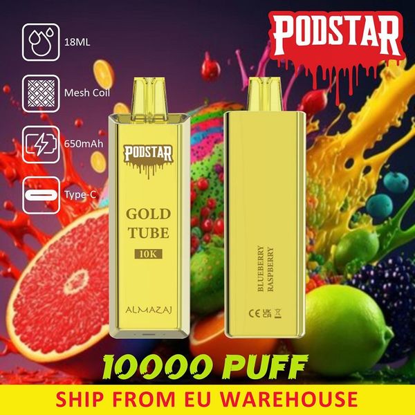 Europe Warehouse Original Podstar ALMAZAJ Gold Tube 10k Puffs 18 ML Pré-preenchido Vape Descartável Bobina de Malha 650 mAh Bateria Tipo C Kits de Cigarro Eletrônico Recarregável