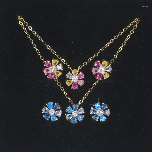 Halskette-Ohrringe-Set Großhandel, zierlicher Damen- und Mädchen-Schmuck, vergoldet, abbaubar, bunt, blau, rosa, blühender Blumen-Ohrstecker