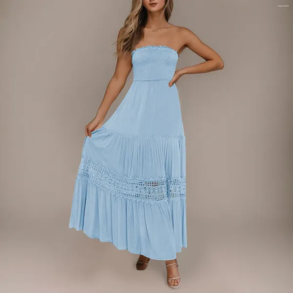 Lässige Kleider für Damen, Bohemian-Stil, trägerlos, schulterfrei, Spitzenbesatz, rückenfreies Kleid, fließend, A-Linie, Strand, lang, Maxi, hoch niedrig, für Damen