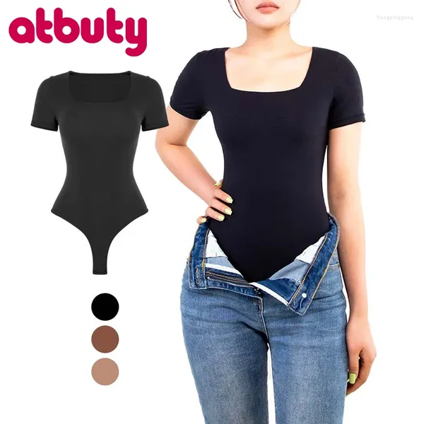 Shapers femininos atbuty pescoço quadrado manga curta controle de barriga uma peça shepe wear macacão básico tanga shapewear shaper bodysuit para senhoras