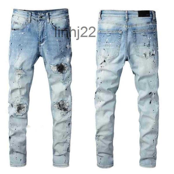 Jeans da uomo Uomo Amirs Chaopai 2022ss Fog High Street Acquerello Splash Inchiostro Foro che fa Usato Locomotiva elastica Vestibilità slim Qdvlv4jPS1H