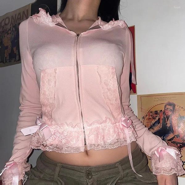 Felpe con cappuccio da donna Dolce pizzo con orlo arricciato Cerniera Felpa con cappuccio Rosa Carino Casual Basic Aderente Top corto Felpe stile Lolita Kawaii