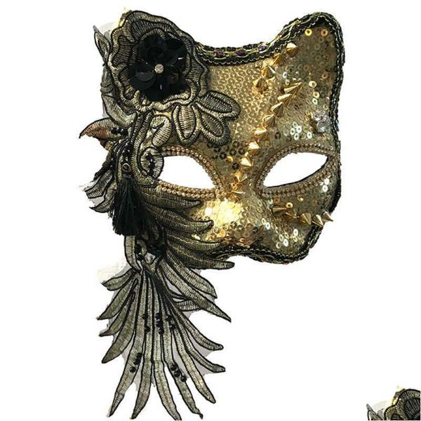Máscaras de festa H3399 Moda Máscara de gato Halloween Natal Masquerade Princmasks Mulheres Nightclub Bola Venetian Carnaval Acessórios X080 Dhpie