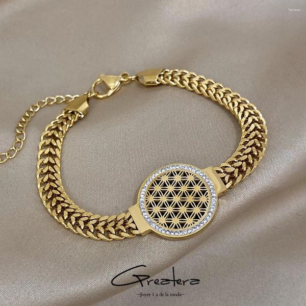 Braccialetti a maglie Greatera Fiore della vita Catena in acciaio inossidabile per donna Uomo Bracciale con ciondolo con strass placcato oro Gioielli impermeabili