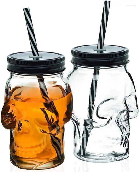 Bottiglie d'acqua Teschio Vetro Mason Jar Tazza Bicchiere Tazza con coperchi e cannuccia Faccia bocca larga Bicchieri singoli 16 once