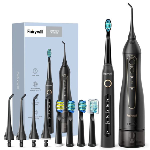 Fairywill água dental flosser dentes portátil sem fio usb irrigador oral mais limpo ipx7 à prova dwaterproof água escova de dentes elétrica conjunto home240129