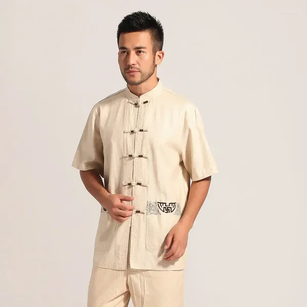 Camisas casuais masculinas 2024 homens oriental cinza bege manga curta tops mandarim colarinho botão chinês design auspicioso padrão bordado