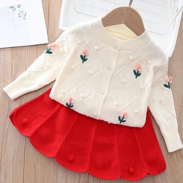 Conjuntos de roupas 2024 meninas flor conjunto outono inverno moda coreana bordado camisola de duas peças crianças criança festa de mangas compridas roupas