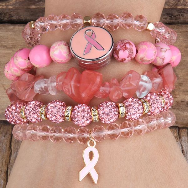 Armbänder MD Mode -Modekrebsbewusstsein Schmuck Perlen Armband Sets Pink Ribbon Charm 5PC Stapel Armbänder Set Set