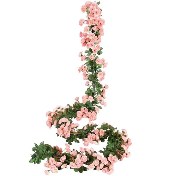 2 PCS 69 cabeça falso rosa videira planta flor artificial pendurado rosa festa de casamento jardim artesanato decoração champanhe branco 240131