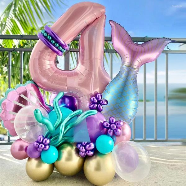 Decoração de festa 24 pcs tema sereia roxo rosa cauda concha folha balão 40 polegadas número balões meninas aniversário babyshower oceano