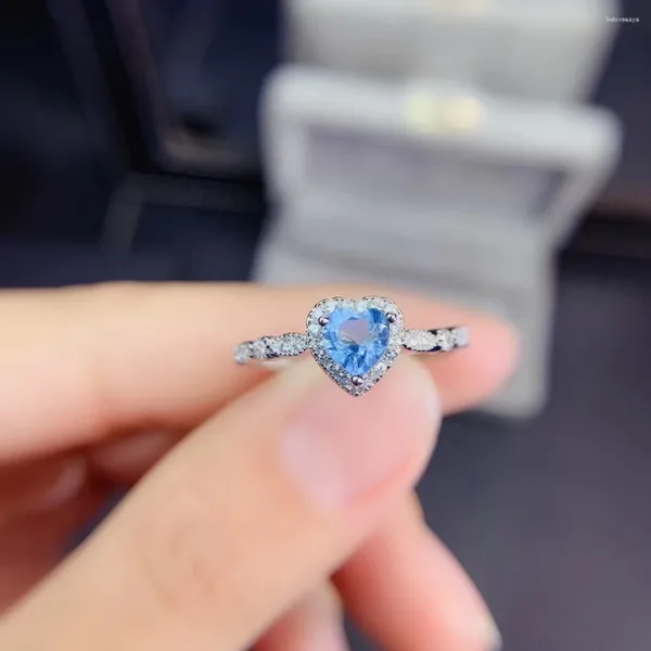 Cluster Ringe 2024 Herz Stil Blauer Topas Edelstein Ring für Frauen Schmuck Große Größe Edelstein Echt 925 Silber Verlobung