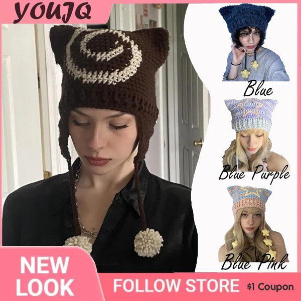 Y2K Punk Cat Bonnets Hats For Women Winter Warm Cat Bap Cap Grunge Gothiies Geipos de Crochet Antidades ao ar livre 240131