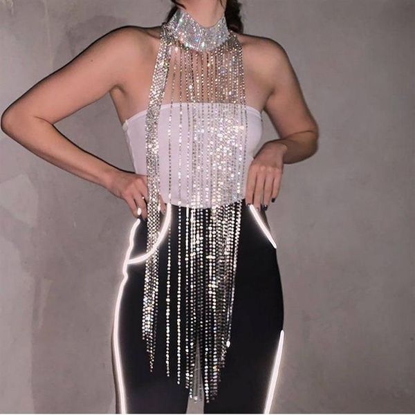 Accessori per costumi Bling Diamante Nappa in metallo Catena per il corpo Girocollo regolabile See Through Hollow Out Cover Up Top Party Night Club 197y