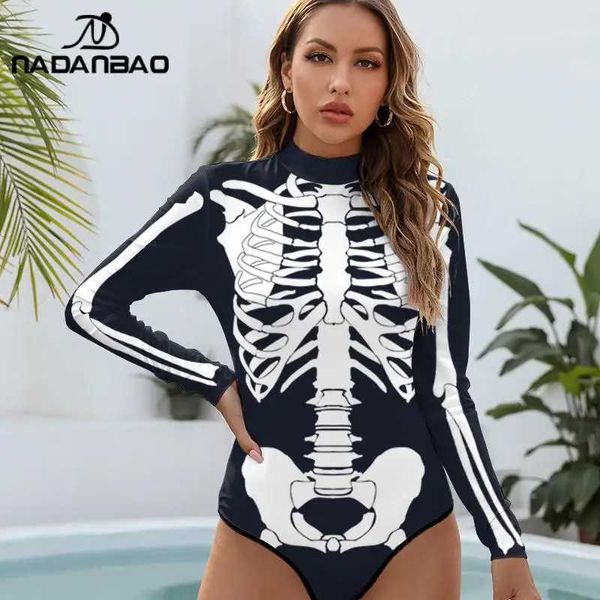 Mulheres Swimwear Nadanbao Halloween Role Play Traje Mulheres Sexy Verão Swimwear Mulheres Apertado Ajuste Esqueleto Impresso Festa Swimwear J240131