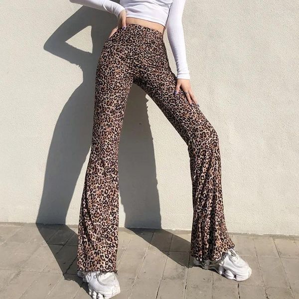 Pantaloni da donna Sexy Stampa leopardata Flare Cyber Y2k anni '90 E-girl Vita alta Lunga Moda selvaggia Abiti vintage Streetwear Pantalon Cargo