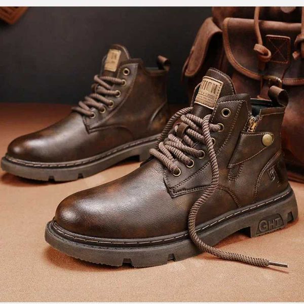 Классические туфли, мужские байкерские ботинки, зимние уличные мотоциклетные кожаные ботинки в стиле ретро, мужская повседневная обувь с высоким берцем, модные, универсальные, износостойкие88L2401