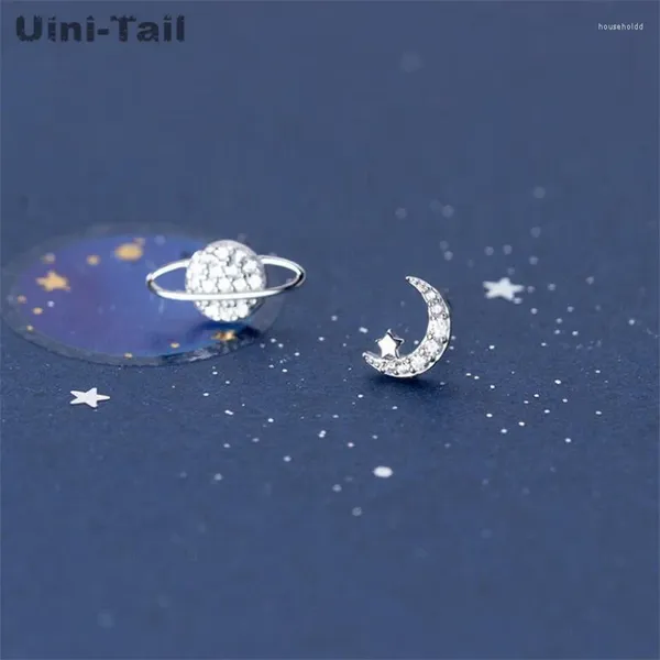 Brincos Uini-Tail 925 Prata Tibetana Universo Planeta Lua Micro Incrustada Moda Tendência Doce Assimétrico JK205