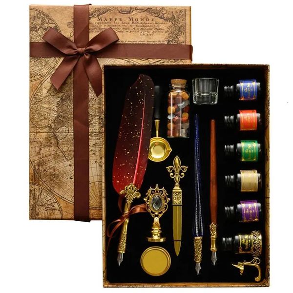 Set di inchiostri per penne d'oca Set di penne d'oca Penna per calligrafia antica con inchiostro Kit di timbri con sigillo di cera aggiornato con pennini di ricambio Penna Luxur 240125