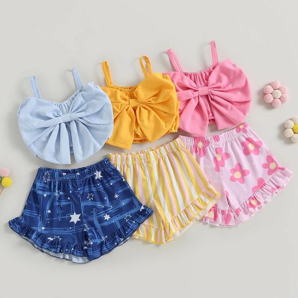 Set di abbigliamento FOCUSNORM 1-6Y Bambino Bambina 2 pezzi Abiti estivi Senza maniche Grande fiocco sul davanti Cami Canotta Stripe Stampa floreale Pantaloncini con volant