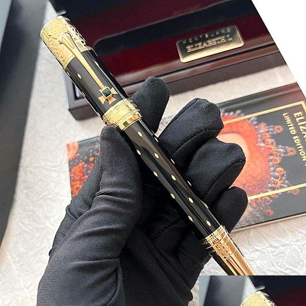 Beyaz Kalemler Toptan Sınırlı Ürün Elemabeth Pen Yüksek Kaliteli Siyah Metal Golden Sier Engrave Rollerball Çeşme Yazma Offi Dhd8k