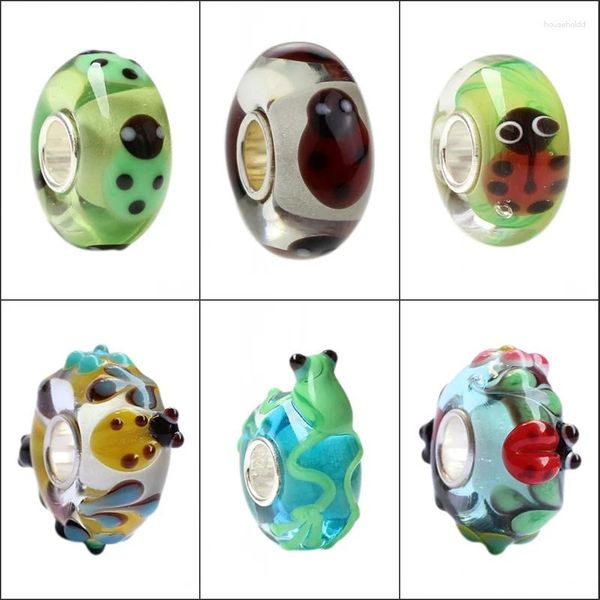 Lose Edelsteine, 925er-Sterlingsilber, großes Loch, 3D-bunte Blumen, Tier, Frosch, Marienkäfer, Muranoglas-Charm-Perlen, passend für europäische Armbänder