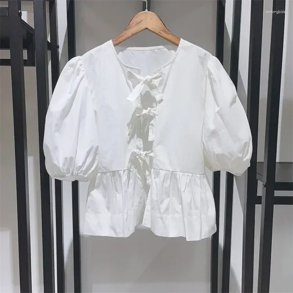 Blouses femininas de grife da primavera Summer Girls tie-up tampo de peplum em algodão com manga de algodão preto branco fofo para mulheres moda 2024