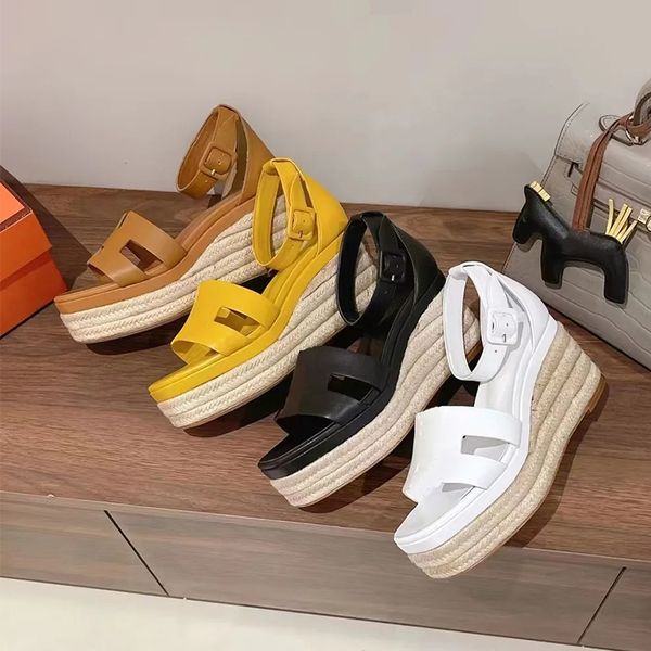 Plateau-Keilsandalen, Leder, Slip-On, schmales Band, Keilschuhe, Stroh-Muffin-Sohlen, Loafer-Schuhe, flache Luxus-Designer-Damen-Sandalen mit hohen Absätzen