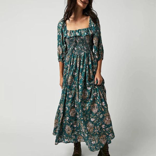 Lässige Kleider Damen Kleid mit Blumenmuster, Rüschen am Saum, plissiert, Boho, lockere elastische Taille, Pullover, geschichtet, Swing-Sommerkleid