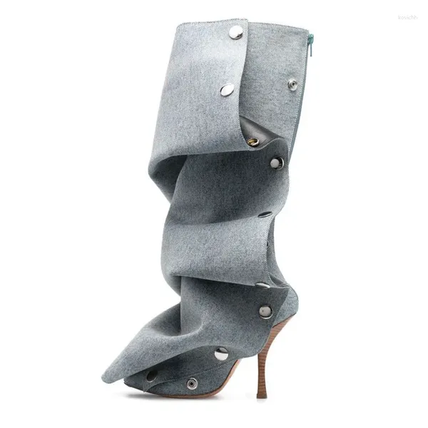 Stivali 2024 Inverno Moda di marca Pieghe al ginocchio per le donne Nightclub Street Style Tacchi alti Runway Eleganti scarpe di grandi dimensioni 43