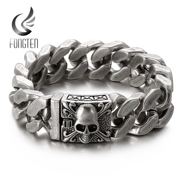 Браслеты Fongten Gothic Skull Bracelets для мужчин древний серебряный цвет из нержавеющей стали кубинская цепь тяжелые браслеты для браслета