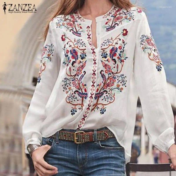 Camicette da donna Top stampati Camicetta autunnale da donna ZANZEA 2024 Tunica oversize bohémien Moda scollo a V Camicie a maniche lunghe Casual femminile