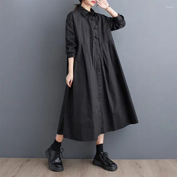Sıradan elbiseler 2024 varış tokası koyu siyah şık kızın Çin tarzı sonbahar bluz elbise sokak moda kadınlar bahar midi